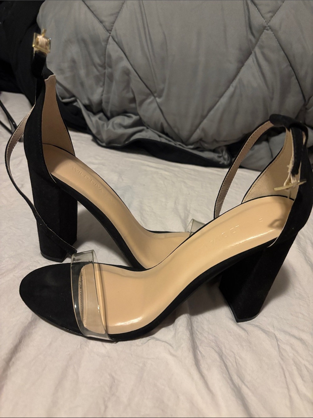 Wild Diva Black Block Heel Sandals with Clear Toe Strap